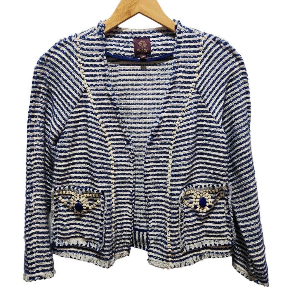 Marchesa Voyage open front‎ cardigan jacket blue white stripe beaded pocket sz 4